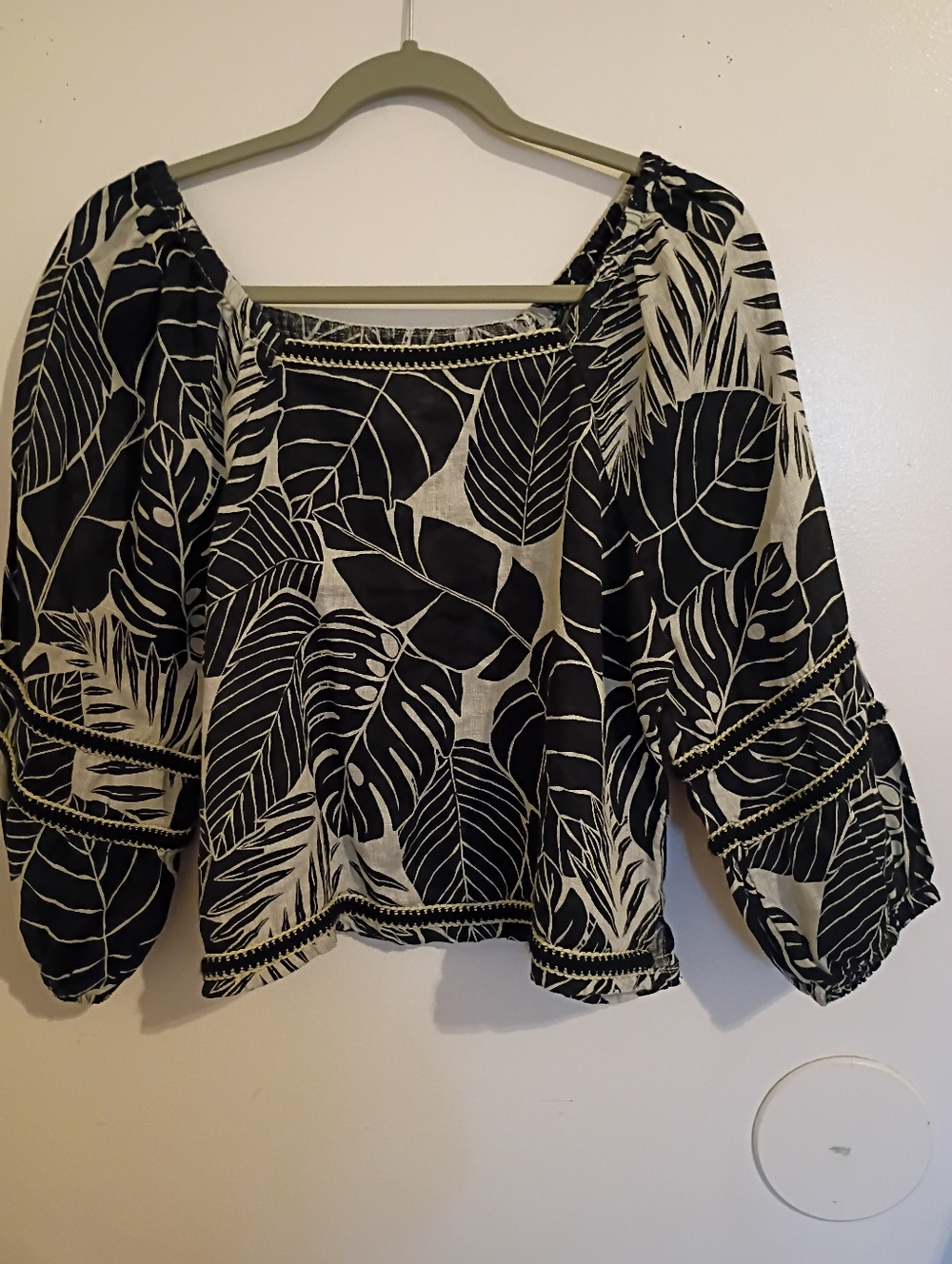 Cynthia Rowley Black and White Leaf Print Peasant‎ Blouse 100% Linen Sz M